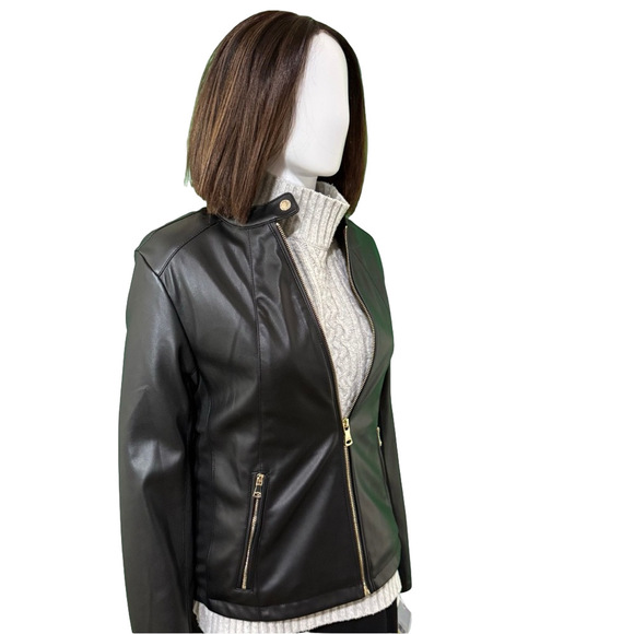 Calvin Klein Black Faux Leather Jacket with Smooth Finish and Leopard Lining - Picture 4 of 6